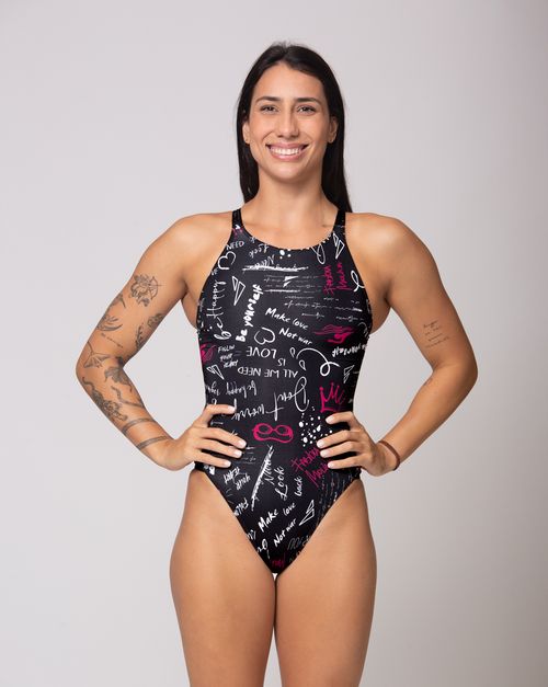 Maiô de natação Cavado alças largas em V - Fabiola Pink